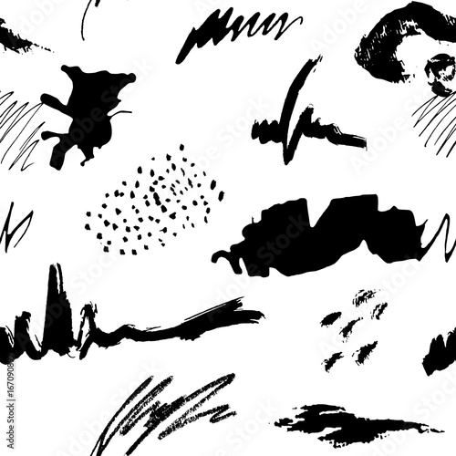 Seamless artistic abstract pattern. Hand drawn repeatable creative background. Doodle sketch design from painted texture. Black and white drawing.