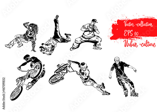 Set of extreme sportsmen. Rollers, bicyclists and breakdancers . Extreme theme modern print. Vector design elements. Isolated on white background