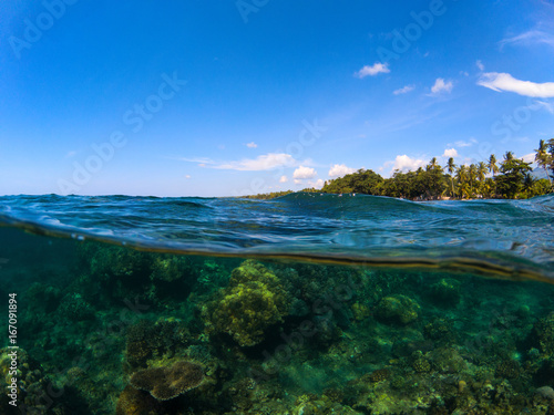 Fototapeta Naklejka Na Ścianę i Meble -  Double landscape with sea and sky. Split photo with tropical island and underwater coral reef.