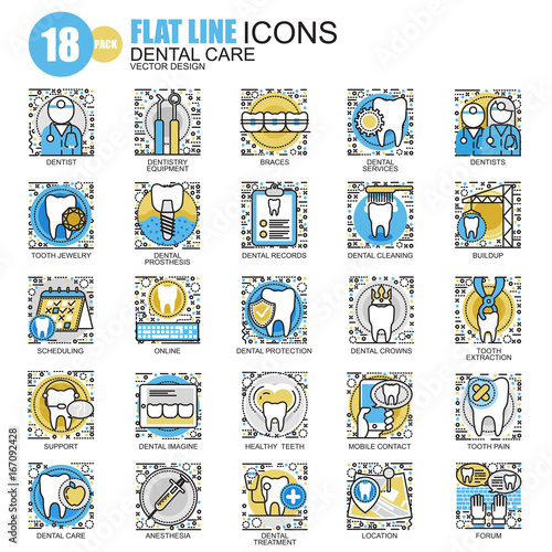 Thin line dental care icons set