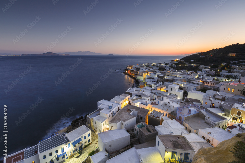 Early morning view of Mandraki village from the monastery, Greece.