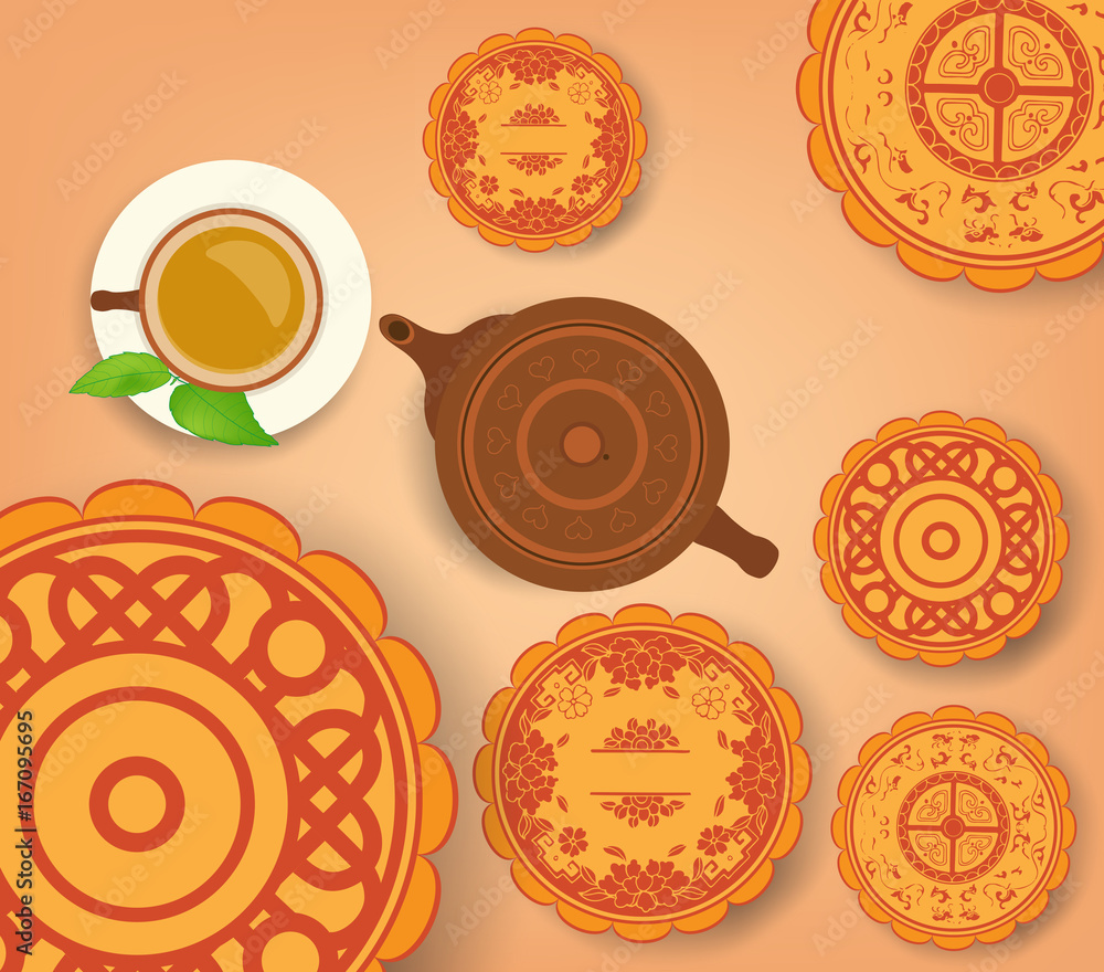 Chinese moon cake and green tea for Mid autumn festival. Tea pot, tea cup Chinese moon cake and green tea for Mid autumn festival. Tea pot, tea cup