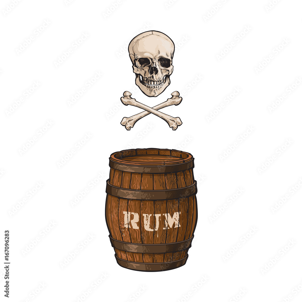 vector wooden rum barrel, skull and cross bones isolated illustration