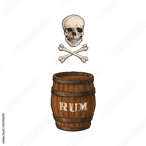 vector wooden rum barrel, skull and cross bones isolated illustration on a white background. Cartoon oak old keg, alcohol storage, jolly roger. Symbol of pirates, adventure, treasure
