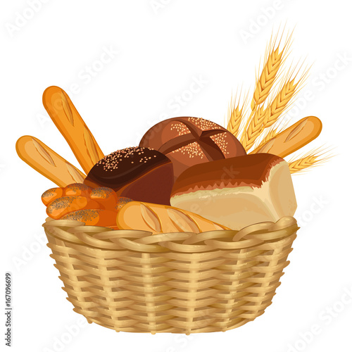 Basket filled with baked goods realistic style illustration on white