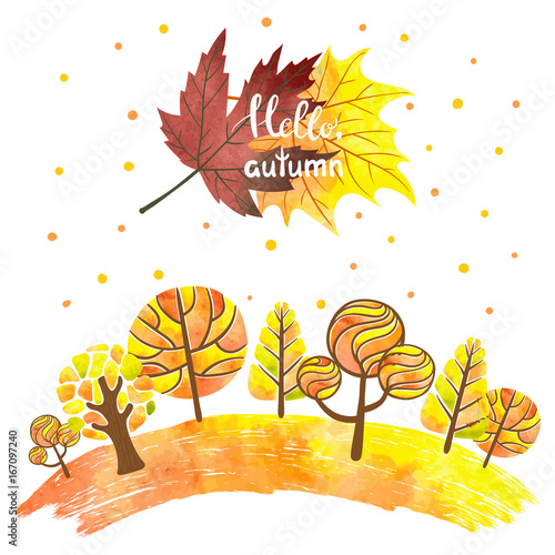 Watercolor abstract autumn forest background. Colorful trees and leaves. Hello autumn lettering. Vector illustration. 