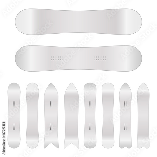 Snowboard Blank Vector. Empty Clean White Snowboards Template. Front, Back Sides. Isolated Illustration. Ski Resort Travel