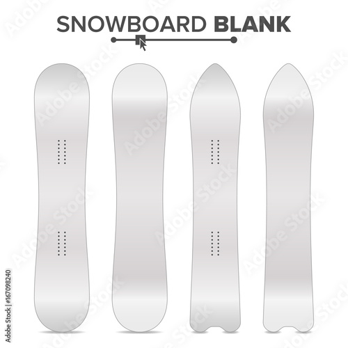 Snowboard Template Vector. Empty Clean White Snowboards Mock Up. Two Sides. Isolated Illustration. Ski Resort Activity