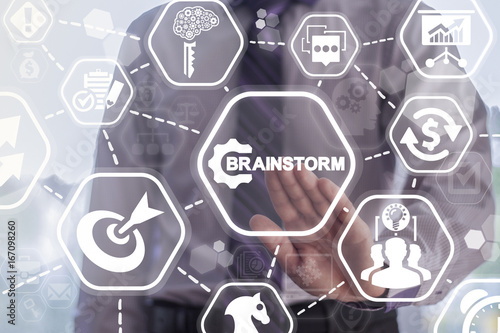 Brainstorm Business Team Work  Creative Idea Generation concept. Man presses brainstorm gear button on a virtual graphical user interface.