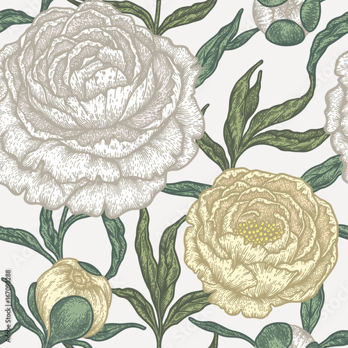 Floral seamless pattern with peony flowers. Vintage engraving background of peonies, branches and leaves.