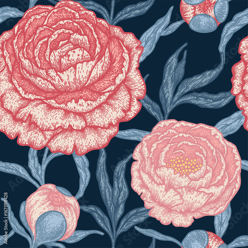 Floral seamless pattern with peony flowers. Vintage engraving background of peonies, branches and leaves.