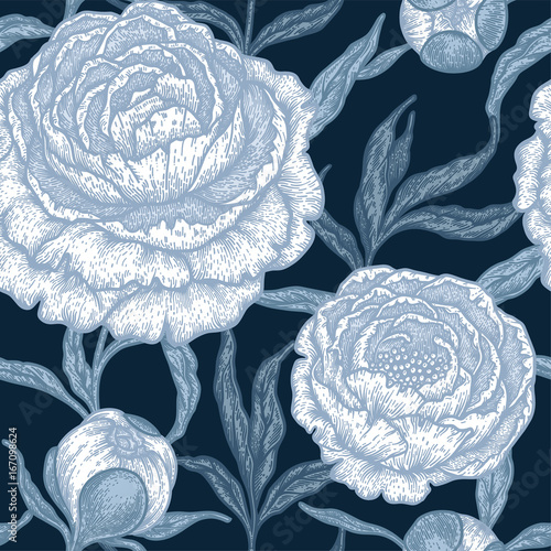 Floral seamless pattern with peony flowers. Vintage engraving background of peonies, branches and leaves.