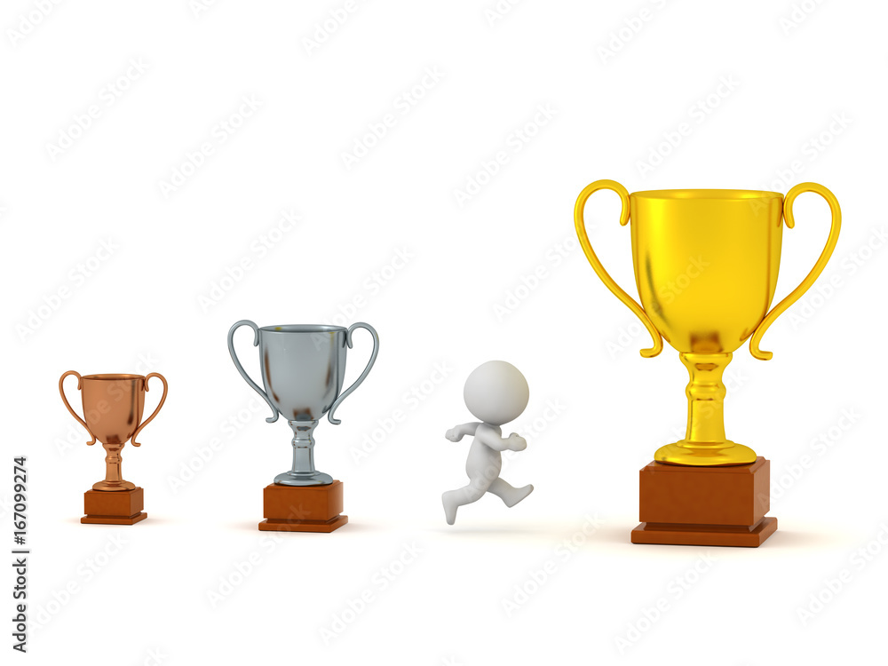 3D Character Running Past Small Trophies to get Large Gold Trophy 3D Character Running Past Small Trophies to get Large Gold Trophy