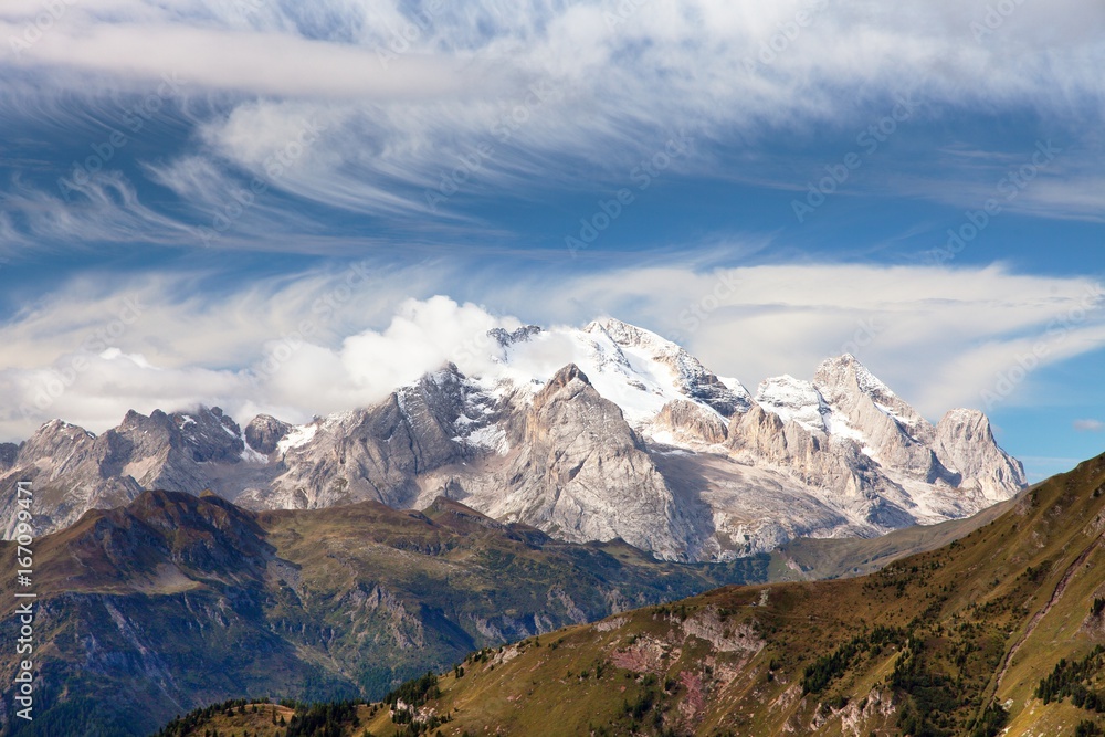 View of Marmolada, Dolomites mountains, Italy