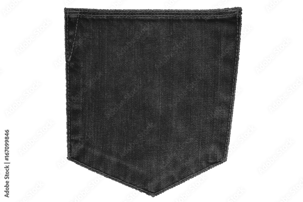 Isolated back pocket of traditional black jeans on white background