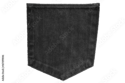 Isolated back pocket of traditional black jeans on white background