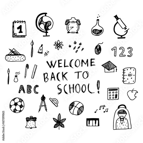 Welcome back to school poster. Hand drawn vector illistration.