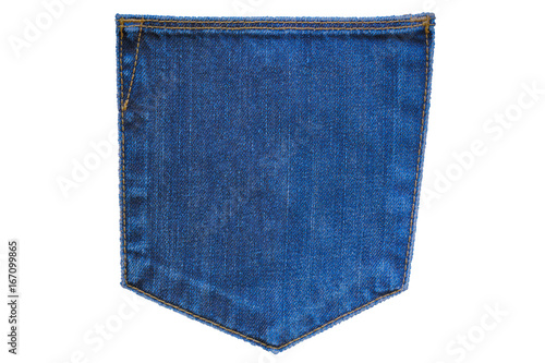 Isolated back pocket of classic blue jeans on white background