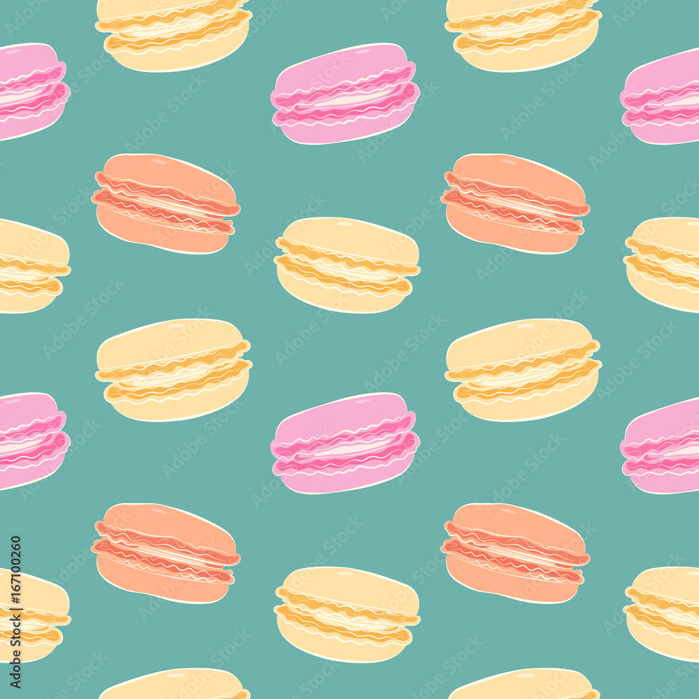 Obraz premium Vector macarons, seamless pattern with many-colored macarons on green-blue background, cartoon food illustration, print design