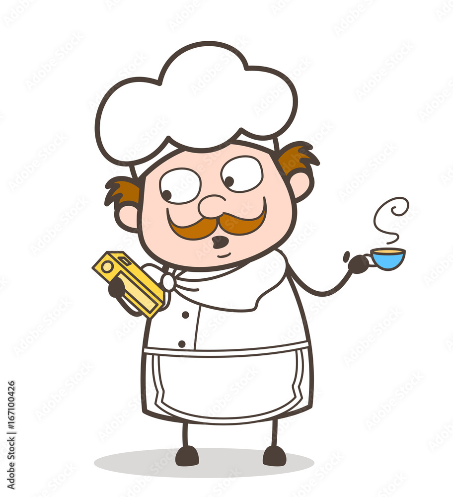 Cartoon Chef Holding a Book of Recipe and Hot Energy Drink Vector Illustration Cartoon Chef Holding a Book of Recipe and Hot Energy Drink Vector Illustration