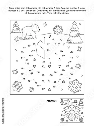 Winter, New Year or Christmas themed connect the dots picture puzzle and coloring page - snowflake. Answer included.
