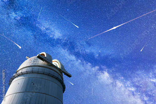 Perseid Meteor Shower in 2017. Falling stars. Milky Way observatory photo