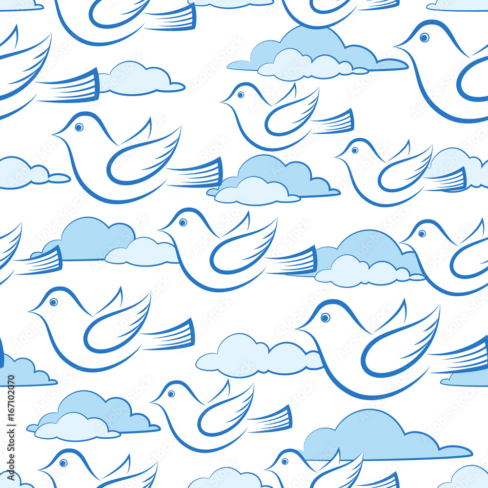 Obraz premium Seamless Background with Cartoon White Birds Flying in Sky with Clouds, Tile Illustration for Your Design. Vector