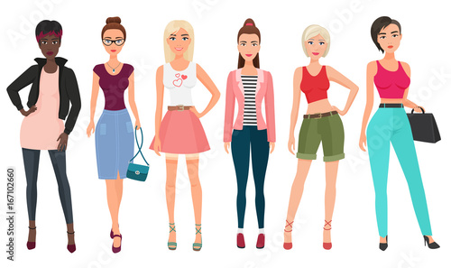 Casual fashion for beautiful female woman on white. Cartoon teenage girl in everyday dress vector illustration.