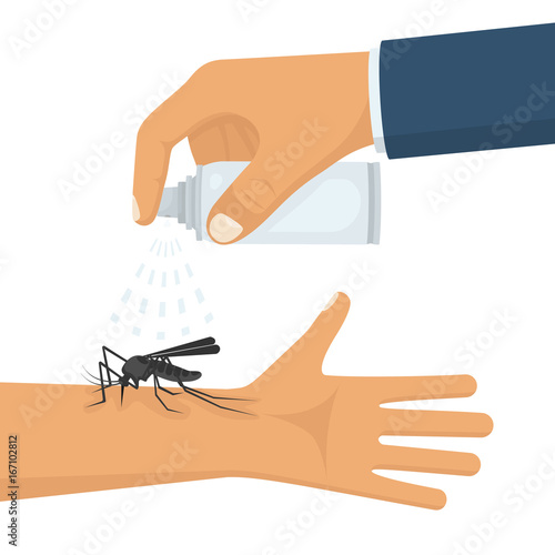 Mosquito spray in hand human. Man spraying insect repellents on skin outdoor. Spray bottle in arm. Pest control. Vector illustration flat design. Isolated on white background. Mosquito protection.
