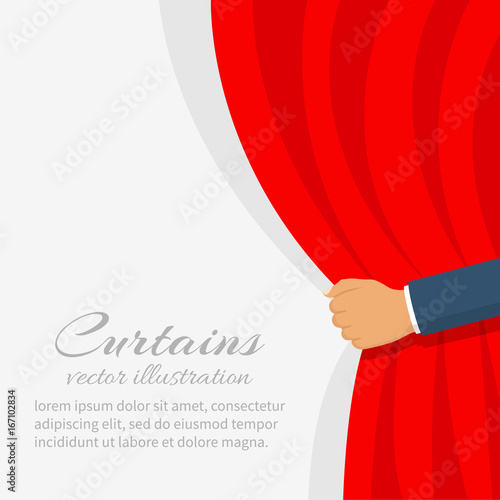 Open the curtain. Man hand open stage red curtain. Place for text template. Vector illustration flat style. Isolated on white background. Banner for design. Drape in presenting theater. Actor scene.