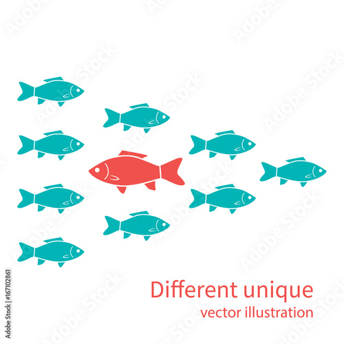 Another unique. Red fish in of white. Creative standing out from crowd. Uniqueness individuality courage confidence. Difference concept. Vector illustration flat design. Isolated on background.