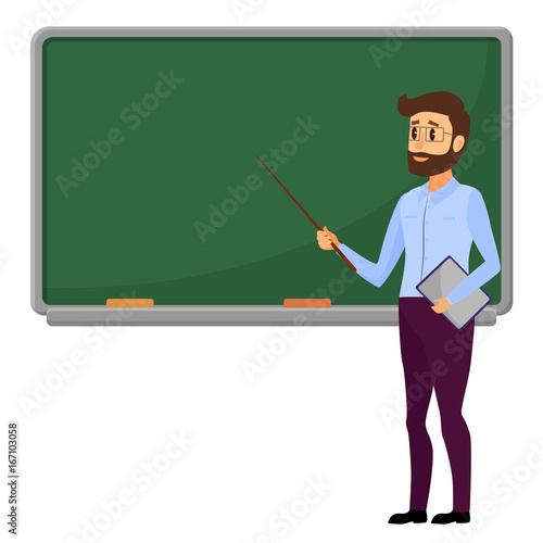 Young Teacher standing in front of blank school blackboard vector illustration. Male school teacher near green blackboard.