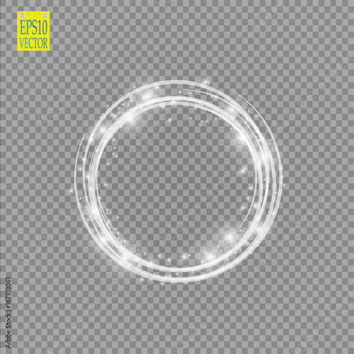 Vector light ring. Round shiny frame with lights dust trail particles isolated on transparent background.