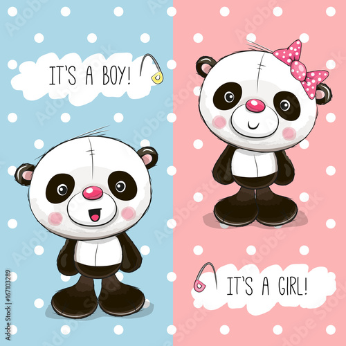 Fototapeta Naklejka Na Ścianę i Meble -  Baby Shower greeting card with Pandas
