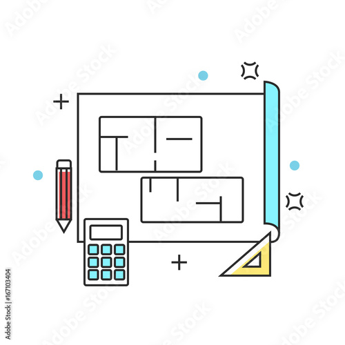 Blue print plan construction line icons. Vector illustration