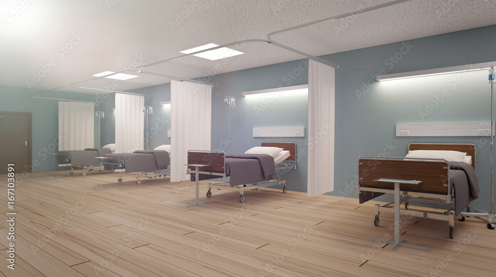 Fototapeta premium Heavenly light in an empty blue hospital room