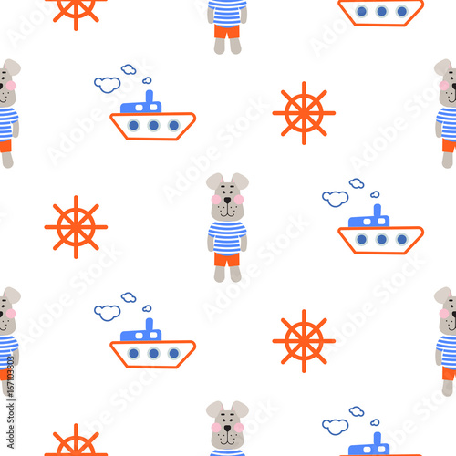 Tapety Morski chłopiec wzór z żeglarza psa bezszwowym wektorem. Śliczne dziecko w stylu tkaniny tekstylne kreskówka morskim niebieskim i pomarańczowym tle na pościel, ubrania i rzeczy dla dzieci.
