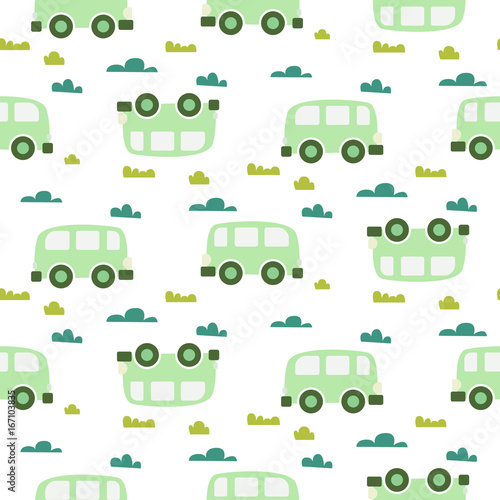 Car cute baby vector green scandinavian seamless pattern. Kid fabric and apparel design. Light pastel van vehicles with clouds and grass on white. Simple kid pattern. © YoPixArt