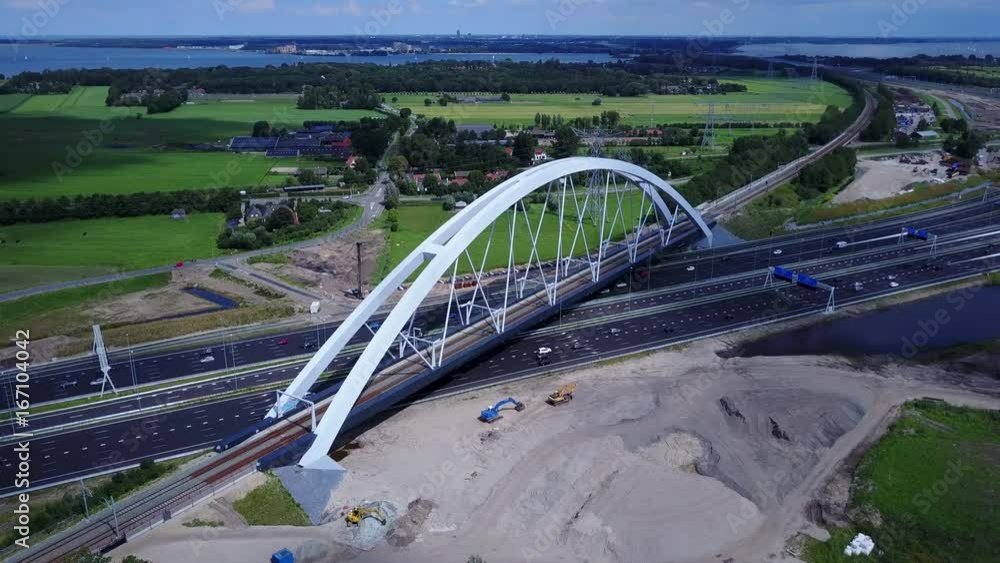 Aerial of bridge Zandhazenbrug over highway A1 in the Netherlands