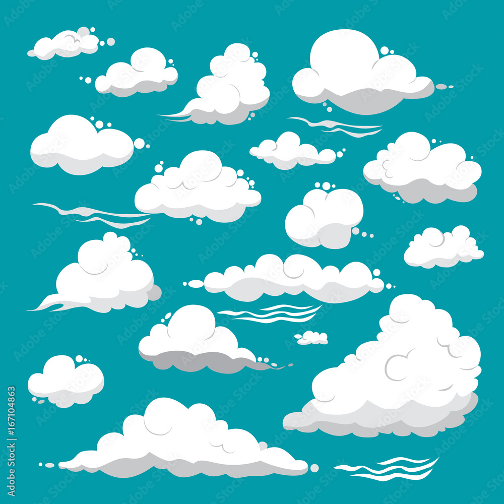 White clouds of different shapes on a blue background White clouds of different shapes on a blue background