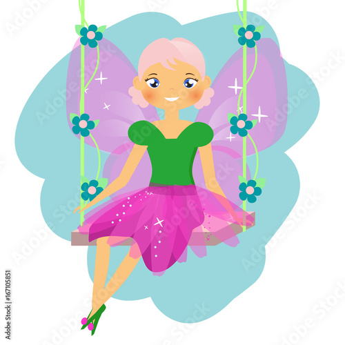 Beautiful fairy sitting on swing. Winged elf princess. Cartoon style