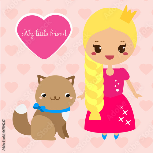Cute princess with cat pet. Girl in long pink dress. Vector illustration in kawaii style