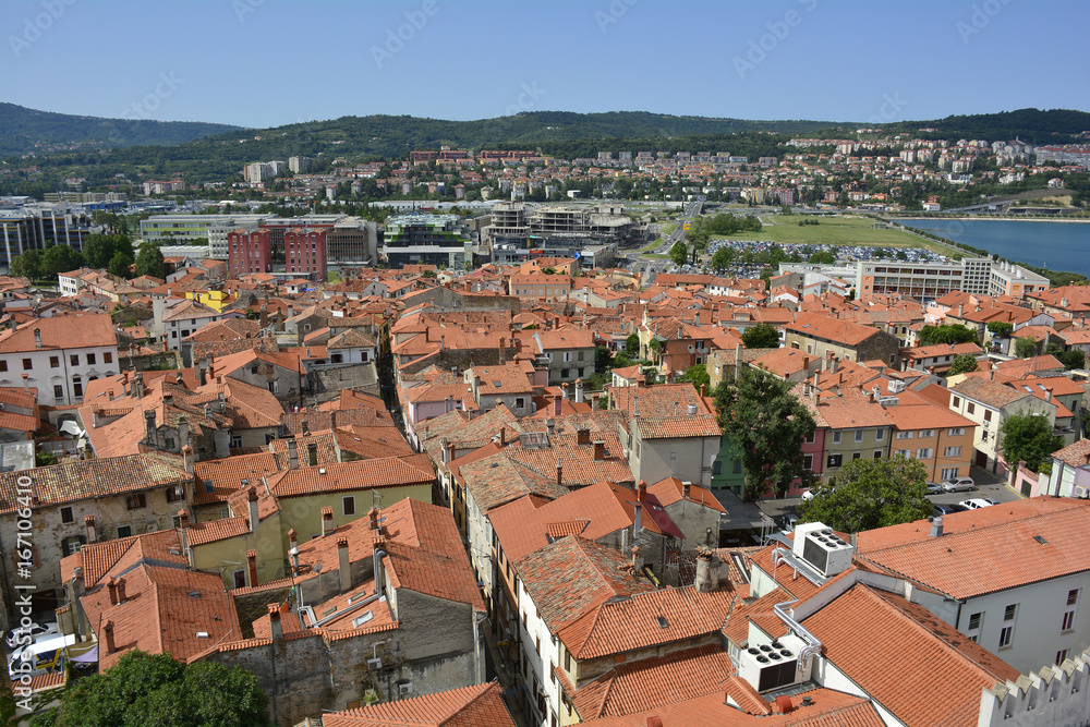 An aerial view of the historic Slovenian coastal town of Koper taken from the top of Koper Cathedral (Cathedral of the Assumption of the Blessed Virgin or Stolna cerkev Marijinega Vnebovzetja)
