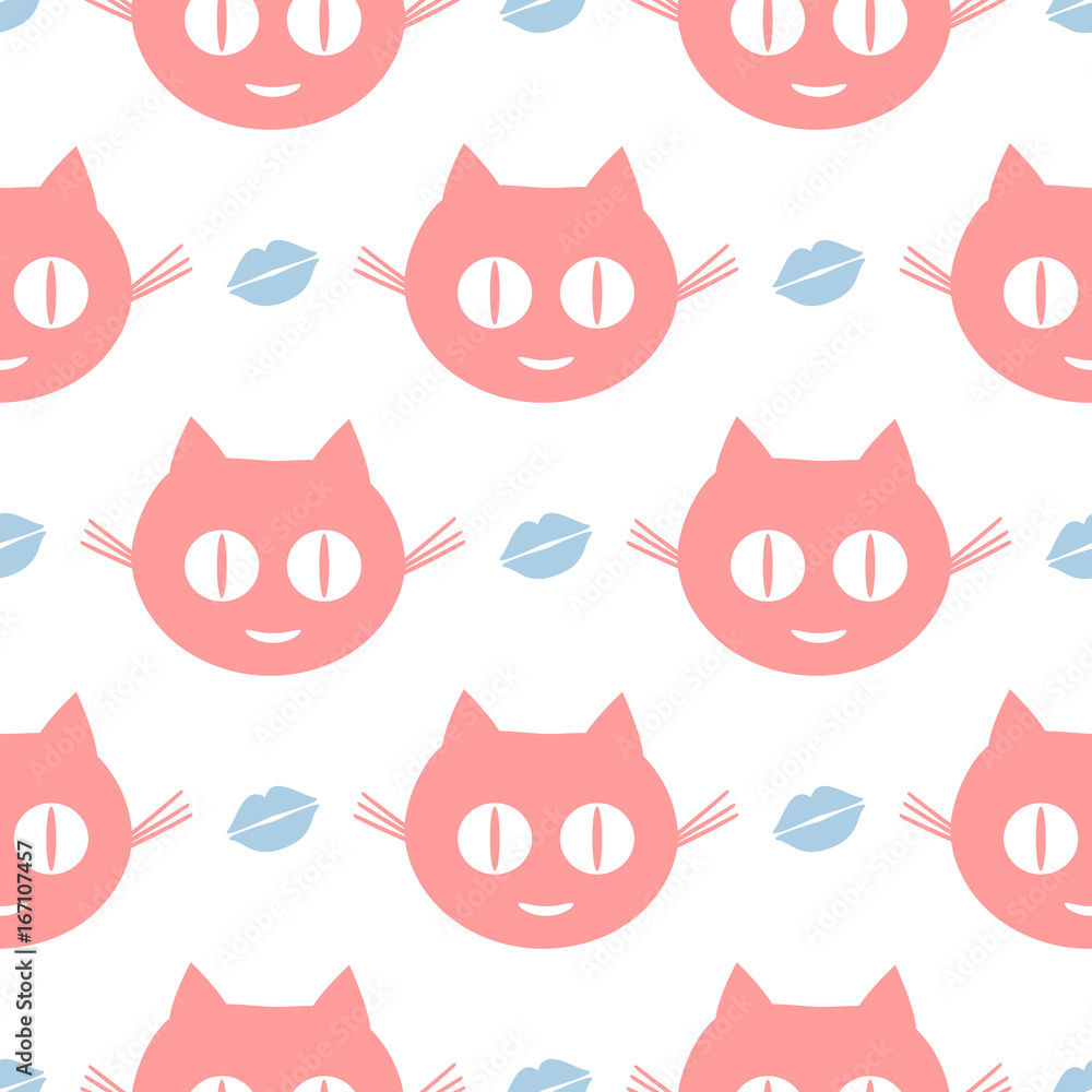 Funny seamless pattern. Repeated smiling cat's heads and human lips. Pink, white, blue color.