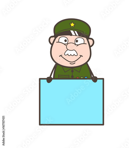 Cartoon Sergeant with Advertisement Board Vector Illustration