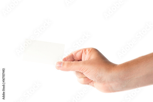 Male hand isolated on white background with business card