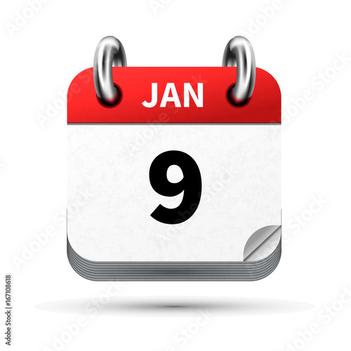 Bright realistic icon of calendar with 9 january date isolated on white