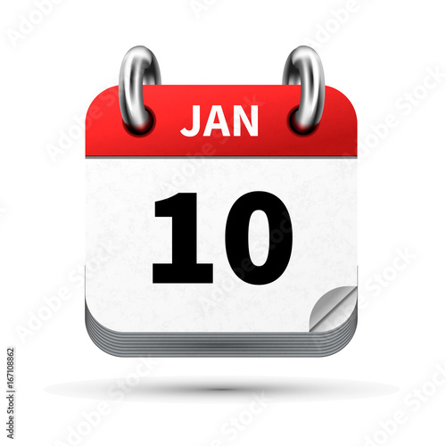 Bright realistic icon of calendar with 10 january date isolated on white