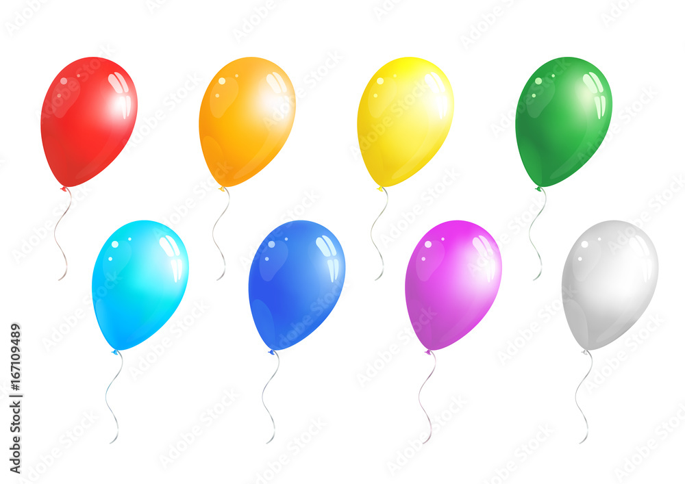 Red, orange, yellow, green, blue, indigo, violet, white colored  balloons on white background. Vector illustration.