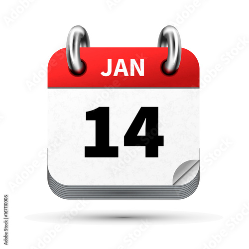 Bright realistic icon of calendar with 14 january date isolated on white